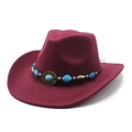Detail of burgundy wool felt cowboy hat featuring turquoise beads and ethnic metal buckle - M (56-58cm) / Burgundy
