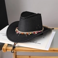 Black western straw cowboy hat with bohemian beaded band and shell charms for summer - Black