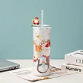 Detailed Christmas tumbler featuring Santa, reindeer patterns, and 3D Santa straw topper - Style 3 (Transparent/Santa Topper)