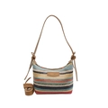 Colorful striped woven shoulder bag with brown leather strap on a white background - Colorful Stripes (Khaki Strap) / Khaki