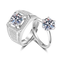 Silver plated couple rings set featuring a bold square men's ring and classic solitaire women's ring - Ql027 / Female Style