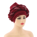Detail of burgundy turban cap featuring a stylish sequin braided band for women - Wine Red with Wine Red