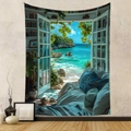 Detailed 3D tapestry showing an open window view of a calm blue ocean and a cozy study room - Gt202453
