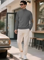 Dark grey men's waffle knit sweater with vintage elbow patches and buttoned stand collar - 4XL / Gray