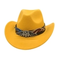 Detail of bright yellow western cowboy hat featuring USA eagle crest and flag accents - Yellow