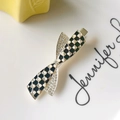 Close-up of silver bow hair clip with black and white checkerboard pattern and pearls - 14# Plaid Hairpin with Rhinestone and Pearl