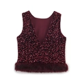 Set donna con top in paillettes bordeaux con bordo in ecopelliccia e pantaloni - S / Tops