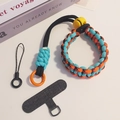 Adjustable woven wrist strap for phone in orange blue black with yellow slider - Short [Cyan & Orange] Adjustable Braided Lanyard + Dark Gray Patch + Small String