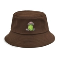 Dark brown cotton bucket hat featuring a cute frog and mushroom embroidery detail - M(56-58cm) / Coffee