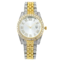 Luxury two-tone gold and silver watch with rhinestones, Roman numerals and date display - White Dial Two-tone Band