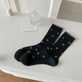 Sheer black crew socks with white bow pattern and elegant lace trim detailing - One Size / Black