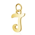 Close-up of polished golden stainless steel letter J pendant with a metal ring connector - Letter J