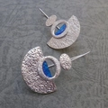 Vintage bohemian fan shaped earrings in silver with ocean blue enamel accents - S085 Geometric Deep Blue Enamel