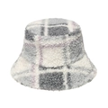 Stylish white and purple plaid sherpa fleece bucket hat for winter casual wear - Gray