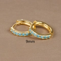 Macro shot of 9mm gold hoop earrings with turquoise stones inlay on a plain background - 9mm / Gold (Blue Zircon)