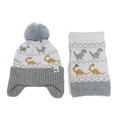 Set berretto e sciarpa per bambini con dinosauri e morbido pompon in pelliccia - Grigio