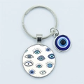 Silver metal keychain with dual blue and white Turkish Evil Eye glass pendants - Multiple Evil Eye Design