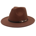 Détail du chapeau Fedora en laine marron foncé avec bande en cuir et boucle dorée - M(56-58cm) / Café (Double Bande)