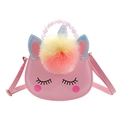 Detail of pink unicorn kids crossbody bag with beaded handle and colorful pompom - Pink