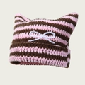 Pink and brown striped crochet cat ear hat featuring a white knitted bow detail - One Size / Pink and Coffee with Bowknot
