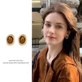 Vintage gold-plated oval tiger eye stud earrings for women with silver pins - 1# Gold Border Round Brown Studs