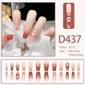 Pink gradient press-on nails set with pearl accents, heart 3D charms, and white grid patterns - 24 Pcs/Set / Pink Gradient Pearl Heart Gold Line Style (D437)