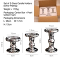 Three-piece electroplated silver glass candle holder set in varying heights and box - Set of 3 / Electroplated Silver Set