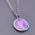 Iridescent sunflower engraved oval pendant necklace in vintage gold stainless steel - Necklace / Rainbow