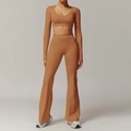 Ensemble de yoga marron avec crop top à manches longues et pantalon évasé taille haute - S / Manches Longues + Pantalon Évasé / Orange Citrouille