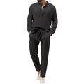 Detail of black men's casual long sleeve shirt and pants set in textured crepe fabric - S / Black