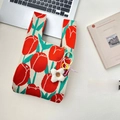 Knitted tote bag with red tulip floral pattern and white flower charm accessory - Orange Tulip