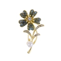 Elegant gold flower brooch with deep green crystals, rhinestones and white pearl accent - Dark Green