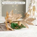 Golden glitter artificial Christmas flower stem with newspaper print leaves 38cm height - Hollow Gold Edge Christmas Flower