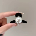Elegant black velvet claw clip with a central oversized white pearl detail - #1 White Pearl Flocked Clip 4cm