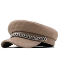 Khaki gewatteerde leren baker boy pet met zilveren metalen ketting in vintage stijl - 56-58cm (Verstelbaar) / Khaki