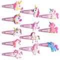 Set of 12 unicorn hair clips for kids featuring colorful PVC unicorn charms on pink metal clips - Unicorn Hair Clips Set (12pcs)