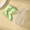Light green infant bent utensil set with spoon, fork and portable clear storage case - Food Grade PP / Fresh Green With Storage Box