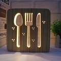 3D wooden square LED night light with warm glow and creative cutlery cutout design - Tableware/15cm