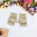 Beige knitted flip top convertible mittens for men with brown decorative button - L / Khaki Beige
