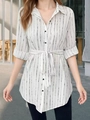Elegante vestido camisero blanco con cinturón y rayas verticales negras de mujer - S / Blanco