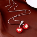 Detail of cherry-shaped pendant necklace featuring bear faces and zircon-set stems - Cherry Bear Style (Red & Brown)
