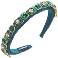 Detailed close-up of dark green velvet headband with hand-set emerald green crystals - Green