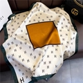Silk square scarf featuring ivory H-monogram with orange center and dark green border - 70*70cm / 30307-Orange Green Letter H