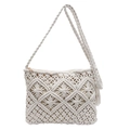 Handgefertigte beige Makramee Schultertasche mit Quaste und goldenem Reißverschluss - Weiß