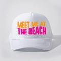 White vintage trucker hat with Meet Me At The Beach retro print and breathable mesh - Adjustable / All White