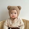 Knitted khaki baby hat with cute bear ears and ear protection for autumn and winter warmth - Coffee Small Ears - Not Lined
