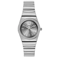 Reloj de cuarzo plateado para mujer con bisel de cristal y esfera gris con calendario - Caja Plateada Esfera Gris
