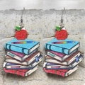 Cute wooden earrings featuring colorful school books with red apple and pencil accents - Books Apple Pencil