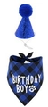Blue plaid dog birthday set featuring Birthday Boy bandana and sequined party hat - Blue Set