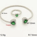 Silver beaded bracelet and ring set with green heart-shaped gemstones in copper - Silver Green